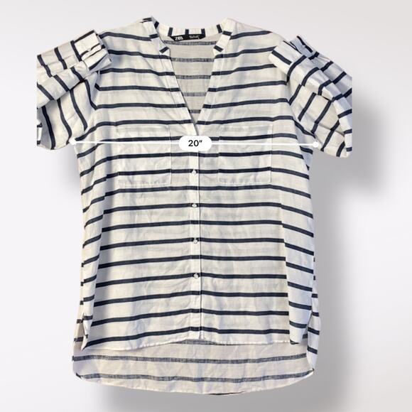 Zara Striped Blue White Oversized Linen V Neck Shirt Size L‎ Coastal Nautical - Picture 3 of 7
